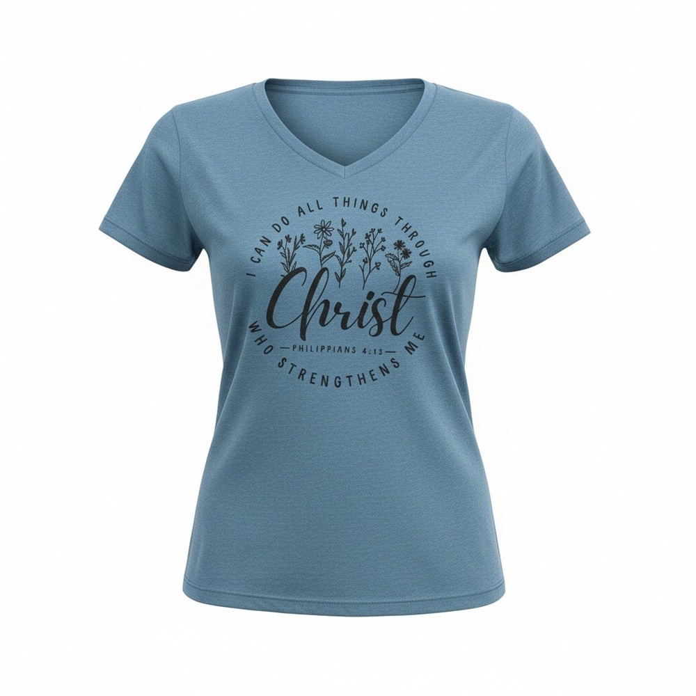 Love in Faith Women V-Neck T-Shirt‎ Philippians 4:13 Christian Blue Cotton L